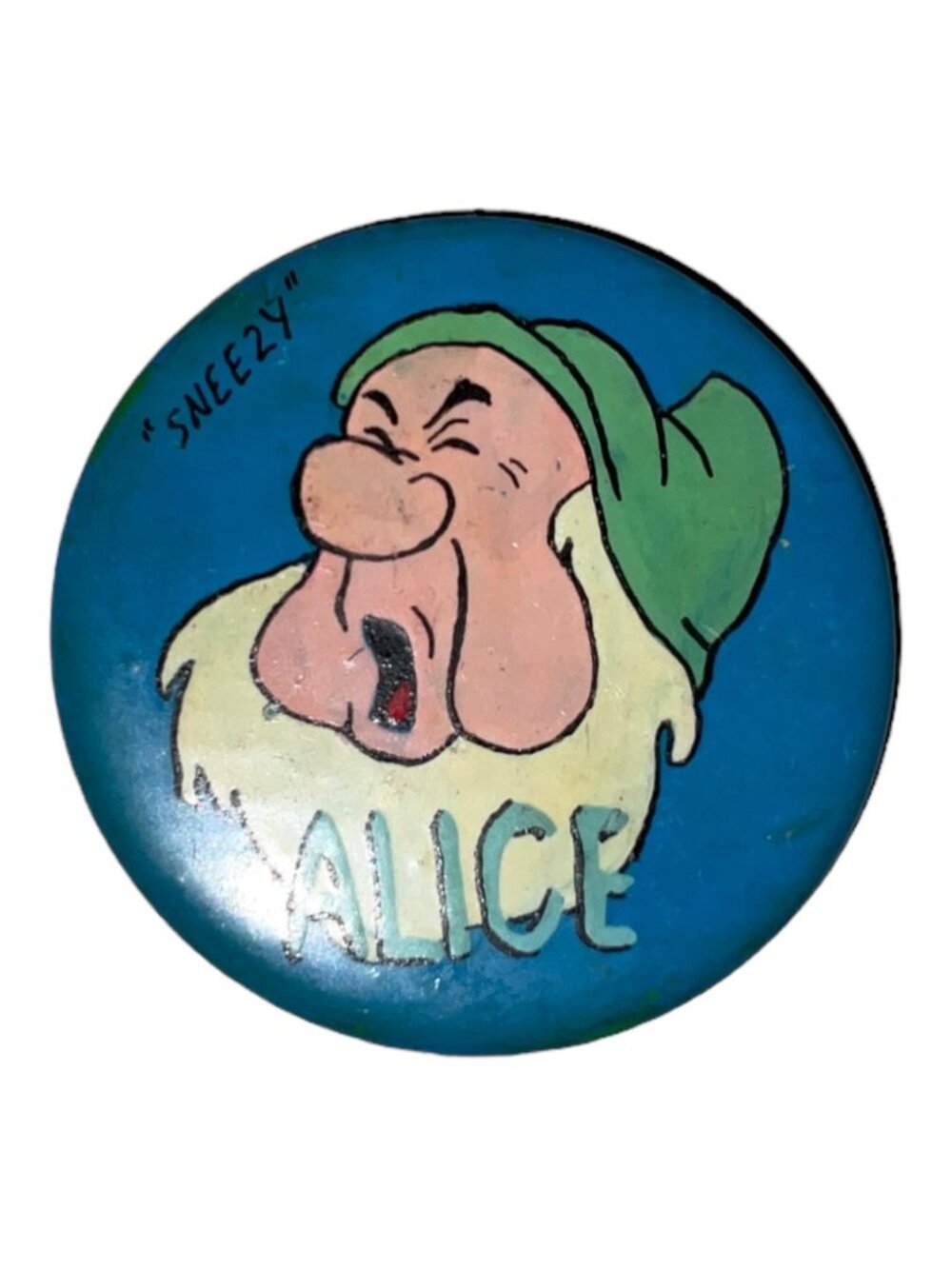 Vintage "Sneezy" Disney Pinback Button With Alice Name Blue & Green Metal Badge